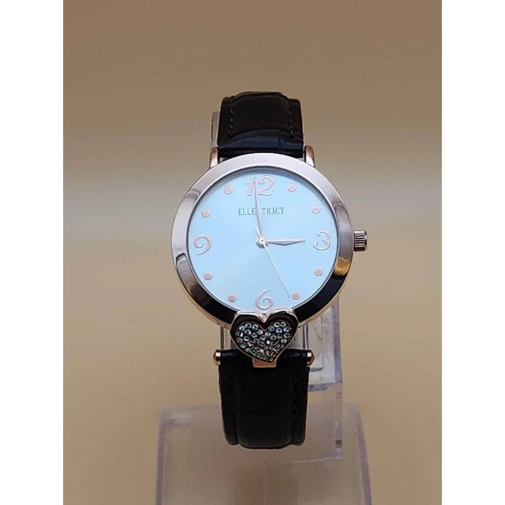 SEIKO ELLEN TRACY Watch Rose Gold Tone Deep Brown Alligator Band Heart CZ